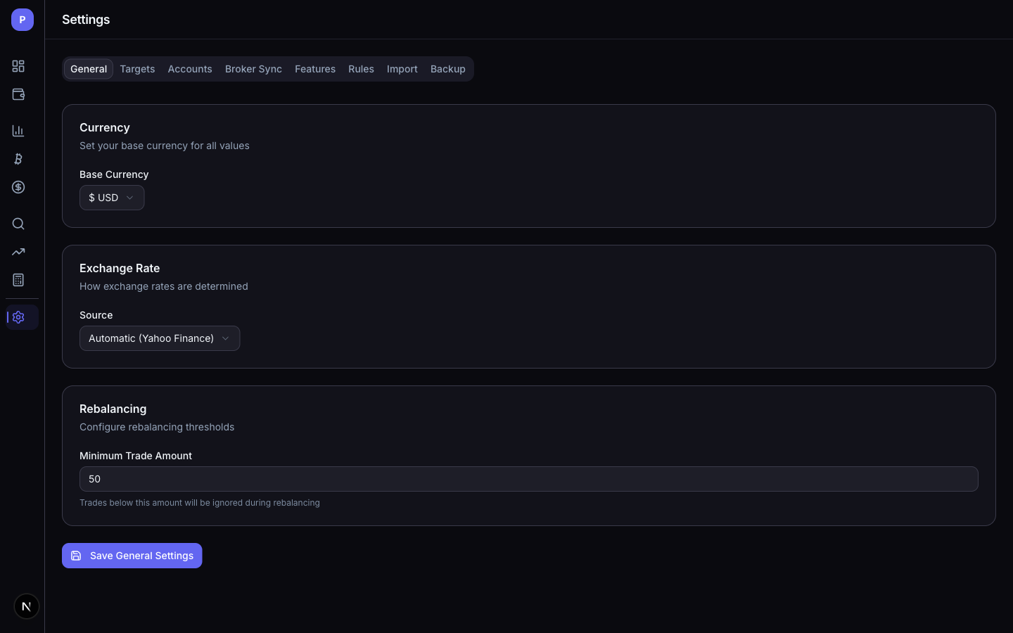 Settings page with configuration options